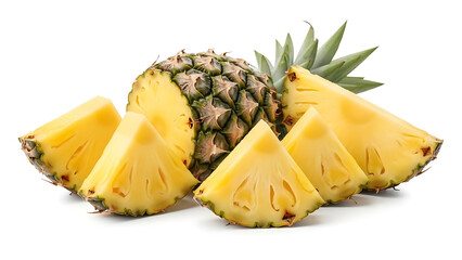 Fresh ripe pineapple fruit cut into wedges and slices on a white background food tropical