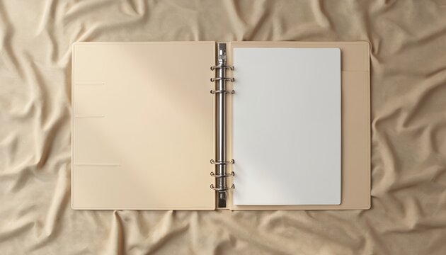 Open beige ring binder lies on linen fabric. Blank white paper insert for notes, documents. Minimalist office, school stationery mockup for planning, creative work. Clean, neutral background.