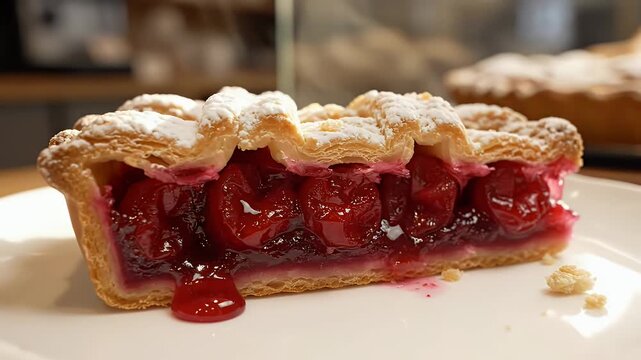 Slice of Cherry Pie - A close-up shot features a delicious slice of cherry pie on a white plate. The pie has a lattice crust dusted with powdered sugar, revealing a filling of bright red cherries and