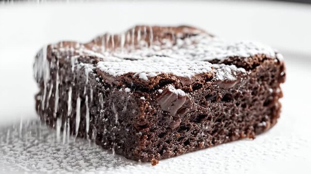Chocolate Brownie with Powdered Sugar Topping - A close-up video showcasing a rich, gooey chocolate brownie being dusted with a light layer of powdered sugar.