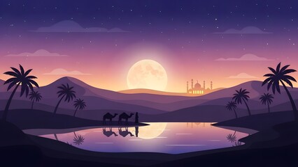 Serene desert landscape with camels and mosque at sunset