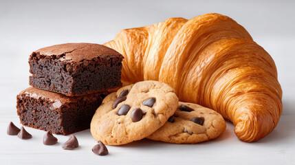Croissant chocolate brownie chocolate cookie pastry dessert sweet bakery baked snack breakfast Golden croissant beside rich chocolate brownie and soft chocolate cookie white wooden table