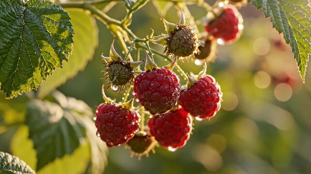 Fresh Raspberries on the Vine - A close-up shot showcases ripe, red raspberries hanging from their vine, glistening with water droplets.