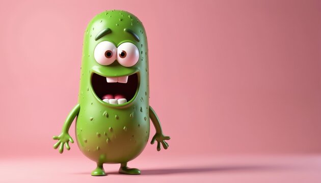 Green cartoon pickle character stands smiling widely on a pink background. This funny vegetable has big eyes and a happy open mouth. It looks playful and joyful, ready for fun.
