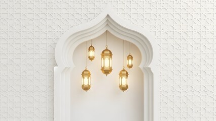 Elegant golden lanterns hanging in ornate white archway