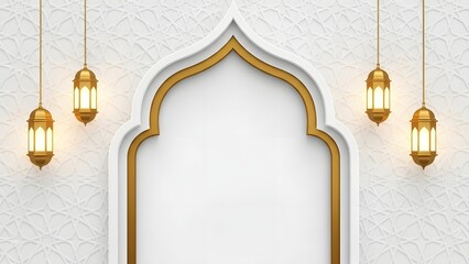 Elegant Islamic archway with golden lanterns hanging on white textured wall