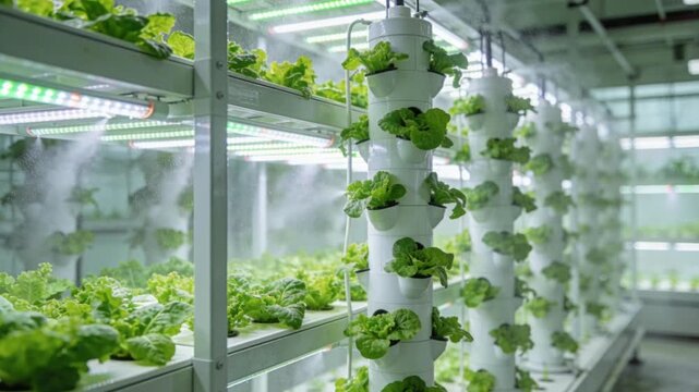 Photorealistic hydroponic vertical farm with rows of vibrant leafy greens illuminated by soft LED grow lights. 