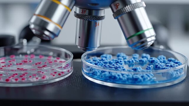 Microscopic Analysis of Biological Samples - A close-up view of a microscope examining two Petri dishes, one containing red and the other blue biological samples.
