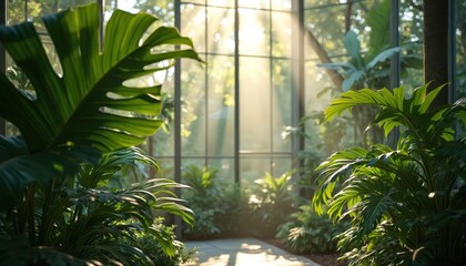 Botanical garden with sunlight beams through glass panels. Green plants like monstera grow in conservatory. Indoor nature garden inspires calm and relaxation. It is a nice lush tropical greenery.