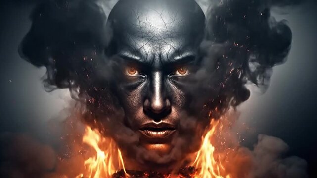 Fiery Demonic Face with Intense Gaze and Smoke.