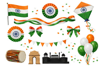 Png set of republic day india elements including flags, kites, and decorations on transparent background. concept of national celebration, patriotic symbols, indian cultural icons.