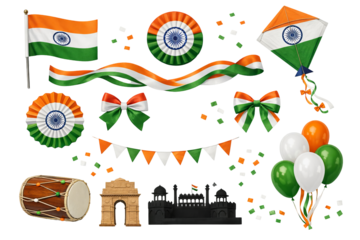 Png set of republic day india elements including flags, kites, and decorations on transparent background. concept of national celebration, patriotic symbols, indian cultural icons.