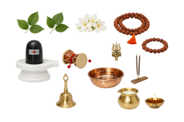 Png set of maha shivaratri elements with flowers and ritual items isolated on transparent background. concept of hindu festival, spiritual symbols, cultural decor for celebration