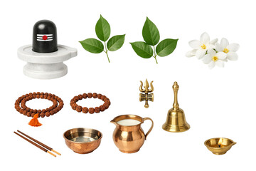 Png set of maha shivaratri elements including shiva lingam, flowers, and ritual items isolated on transparent background. concept of hindu festival, religious symbols, worship decor