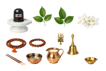 Png set of maha shivaratri elements including shiva lingam, flowers, and ritual items isolated on transparent background. concept of hindu festival, religious symbols, worship decor