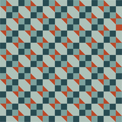 Pattern created from mid and dark shades of teal squares, light teal irregular hexagons and orange triangles