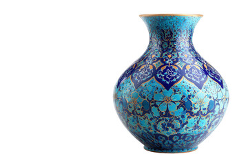 Blue ceramic vase with intricate patterns isolated on transparent background