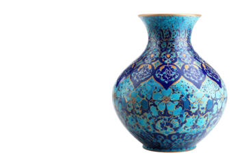 Blue ceramic vase with intricate patterns isolated on transparent background