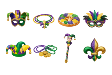 Png mardi gras collection with masks, beads, jester hat and fleur-de-lis isolated on transparent background. concept of carnival celebration, festive decor, party elements