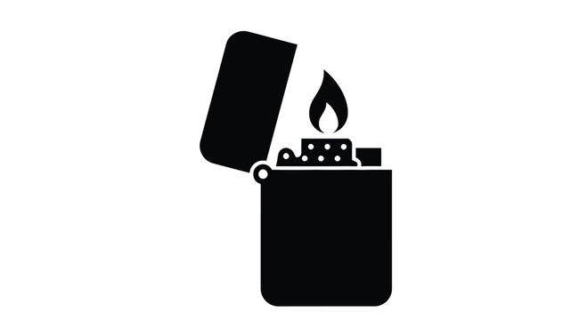 Simple black and white icon depicting an open lighter with a visible flame
