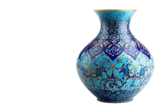 Blue ceramic vase with intricate patterns isolated on transparent background - Powered by Adobe
