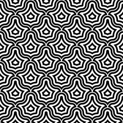 Black interlocking figures tessellation on black background. Image with floral shapes. Ethnic mosaic tiles motif. Oriental window tracery. Seamless surface pattern design with scales ornament. Vector.