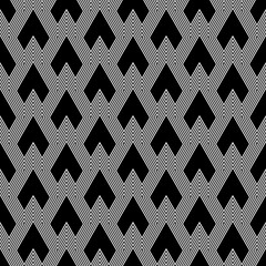 Angle brackets wallpaper. Repeated black chevrons on hatched background. Asian traditional ornament with repeated scallops. Scales motif. Seamless surface pattern design with triangular figures.