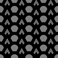 Repeated white triangular and circular shapes on black background. Seamless surface pattern design with pointers and spheres. Angle brackets and ripples wallpaper. Stylized arrows and targets ornament