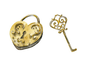 Watercolor heart-shaped lock and key. An old lock and a key. A watercolor vintage lock and a key. Lock and key painting.