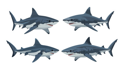 Naklejka premium Cartoon Great White Shark Illustration Set. Vector ocean predator with sharks in different orientations, isolated on white background.