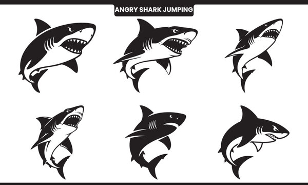 A collection of black and white illustrations depicting jumping sharks