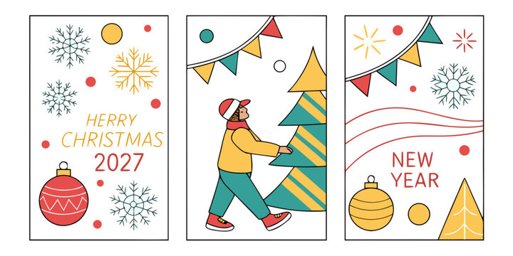 Winter Holiday Panels with Snowman, Family, Snowy Trees & Seasonal Decor &ndash; Modern Christmas and New Year 2027 Illustration Set for Greeting Cards, Posters, Printables & Winter Art