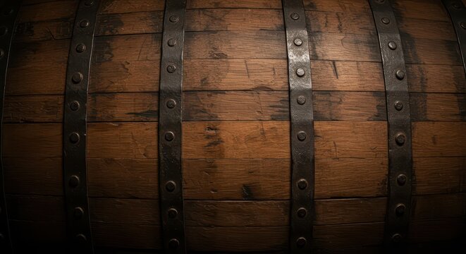 Highly textured surface of vintage wooden staves and iron bands from an old aging cask used for spirits, providing rustic copy space, backdrop, cask, weathered