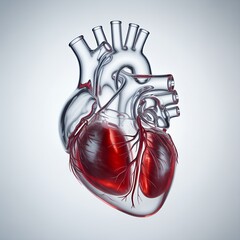 Detailed 3d render of a transparent human heart showing internal anatomy with red blood flow, ideal for medical education and cardiology