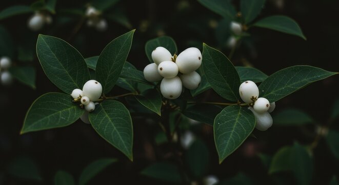 Lush parasitic plant featuring waxy white berries and deep green leaves, commonly associated with the festive atmosphere of the winter holidays ,romance ,flora ,decorative
