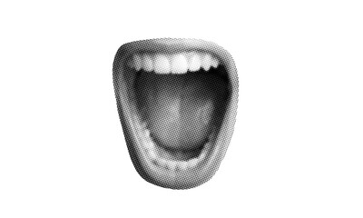 : Halftone photocopy texture of wide open mouth screaming: Isolated black and white cutout
