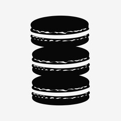 A minimalist black and white silhouette design featuring a delightful stack of three classic french macarons with creamy filling