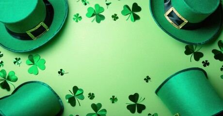 Green hats, shamrocks surround blank space. Festive, vibrant composition perfect for st patricks day celebrations. Simple, clean design.
