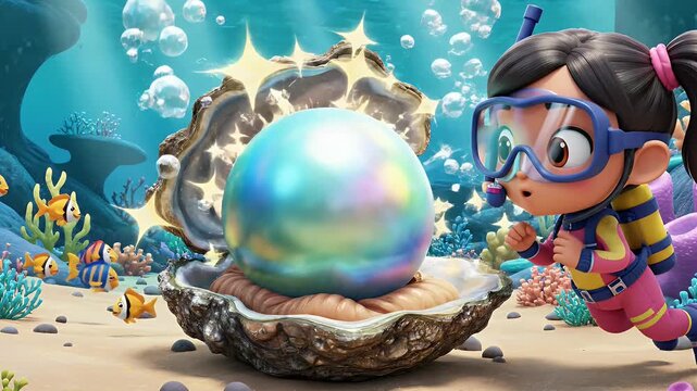 Child's Underwater Adventure with Giant Pearl - A vibrant underwater scene featuring an animated child in snorkeling gear discovering a giant, iridescent pearl inside a large open oyster.