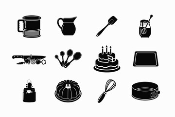 Black vector food and drink icons set with kitchen tools and cooking symbols