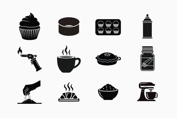 A collection of baking and cooking icons illustrating various kitchen tools and delicious treats