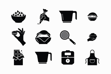 Collection of black silhouette icons depicting various baking ingredients and kitchen tools