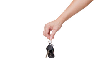 Hand holding new car key isolated on white background - My first own car concept