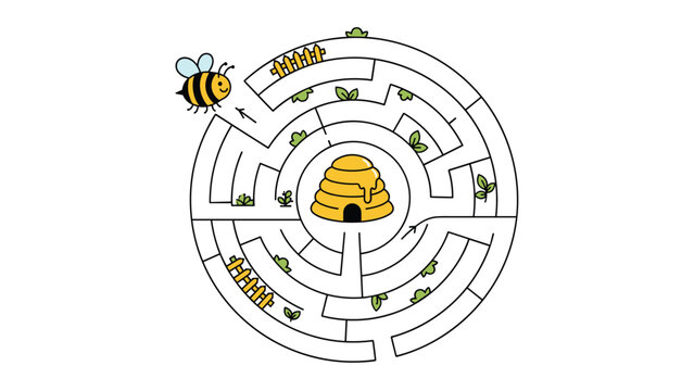 Circular maze puzzle for kids where a bee needs to find the path to its honeycomb through obstacles like fences and bushes.