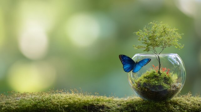 terrarium. A glass globe containing a small tree on moss, with a butterfly nearby, symbolizing nature's harmony. gardening catalogs, home-decor guides, designed for home decor and floral branding.
