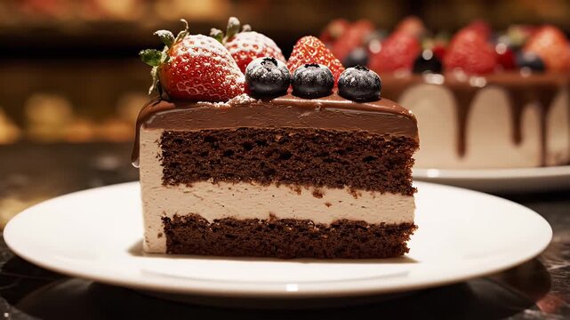 Chocolate Cake Slice with Fresh Berries - A delectable slice of chocolate cake adorned with fresh strawberries and blueberries sits on a white plate.