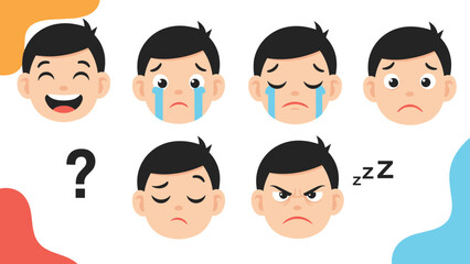 Set of various facial expressions of a young boy showing emotions like happy, sad, angry, crying, and sleepy with a question mark.