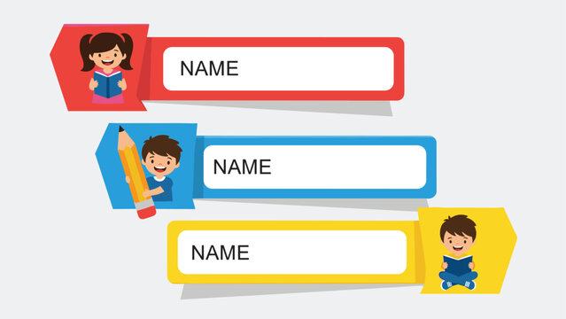 Three colorful name tags for school featuring children reading books and holding a pencil in red, blue, and yellow frames.