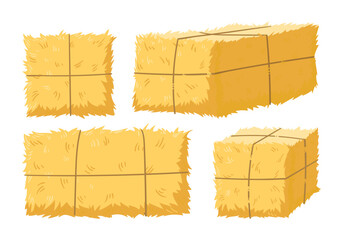 Bales of hay. Cartoon agricultural haycocks, rural haystack, fodder straw flat vector illustration set. Dried farm haystacks