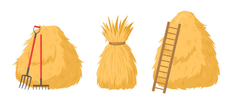 Cartoon bales of hay. Agricultural haycocks, rural haystack, fodder straw flat vector illustration set. Dried farm haystacks
